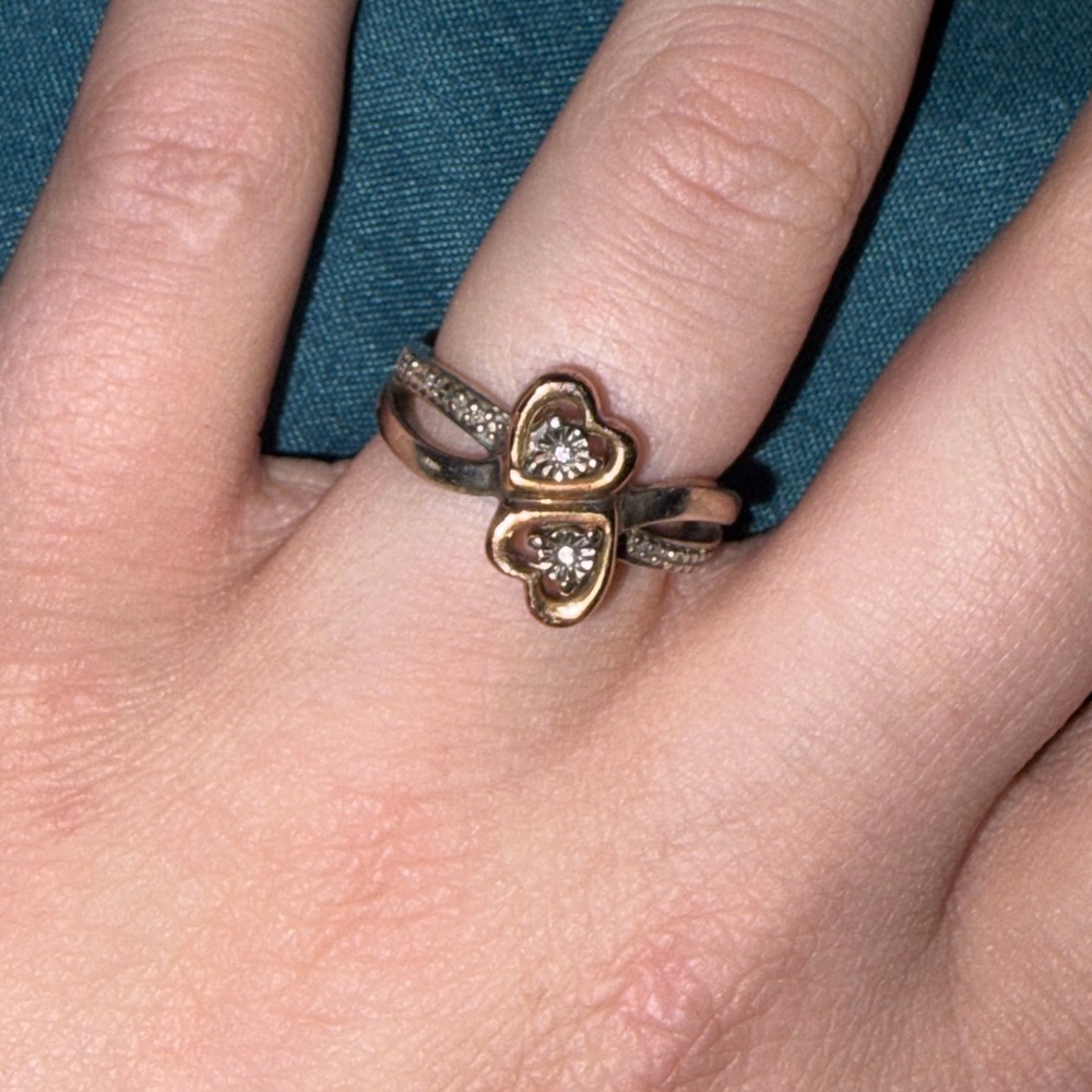 Double Gold Heart Ring with Diamonds Promise Ring Size 4